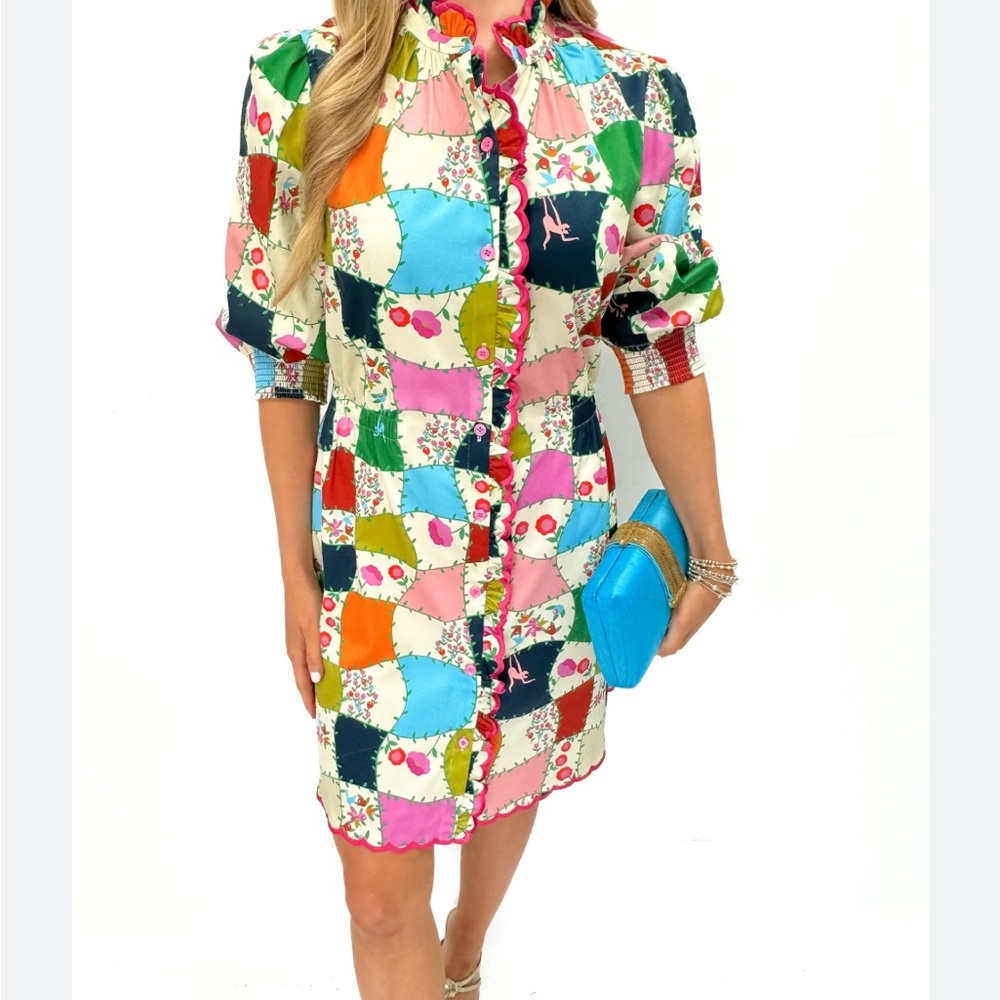 Alden Adair Multicolored Patchwork Floral Button Dress with scalloped embroidery - Picture 7 of 7